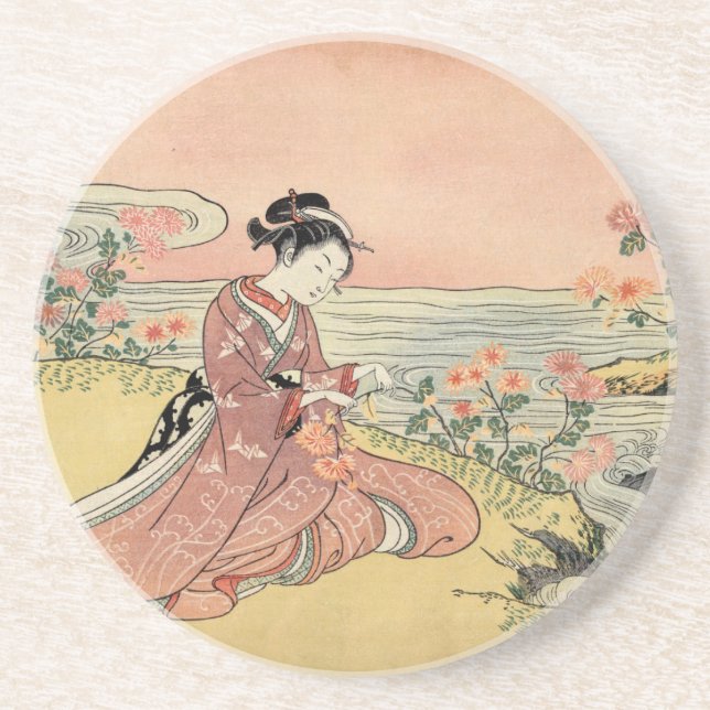 Woman picking chrysanthemums coaster (Front)