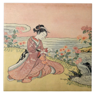 Woman picking chrysanthemums tile