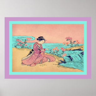 Woman Picking Chrysanthemums  ~ Vintage Japanese Poster