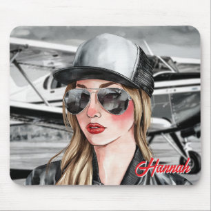 Woman Pilot & Sunglasses Cessna Aeroplane Christma Mouse Mat