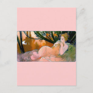 Woman pink Mucha Art Nouveau Postcard