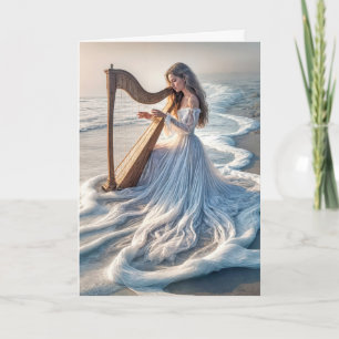Woman Playing a Harp In Ocean Water Card