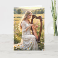 Woman Playing a Harp In Wildflowers