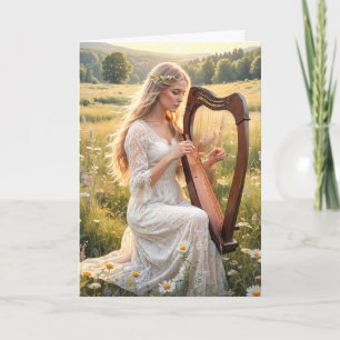 Woman Playing a Harp In Wildflowers Card
