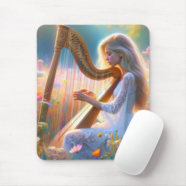 Woman Playing a Harp In Wildflowers Mouse Mat (With Mouse)