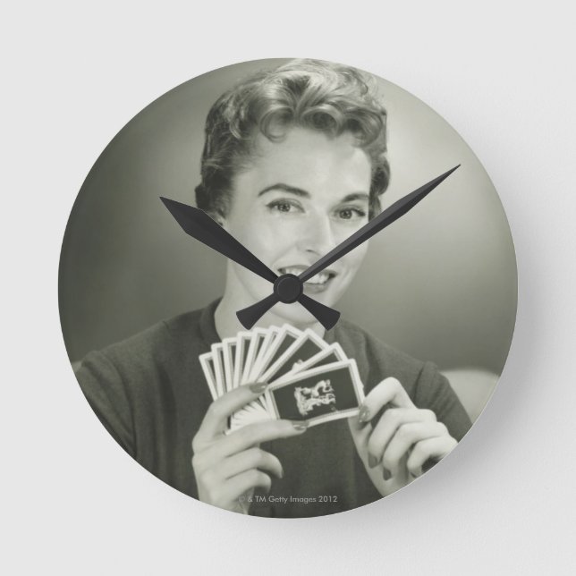 Woman Playing Cards Round Clock (Front)