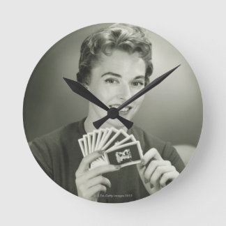 Woman Playing Cards Round Clock