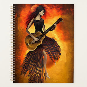 Woman Playing guitar red Sky Abstract original art Planner