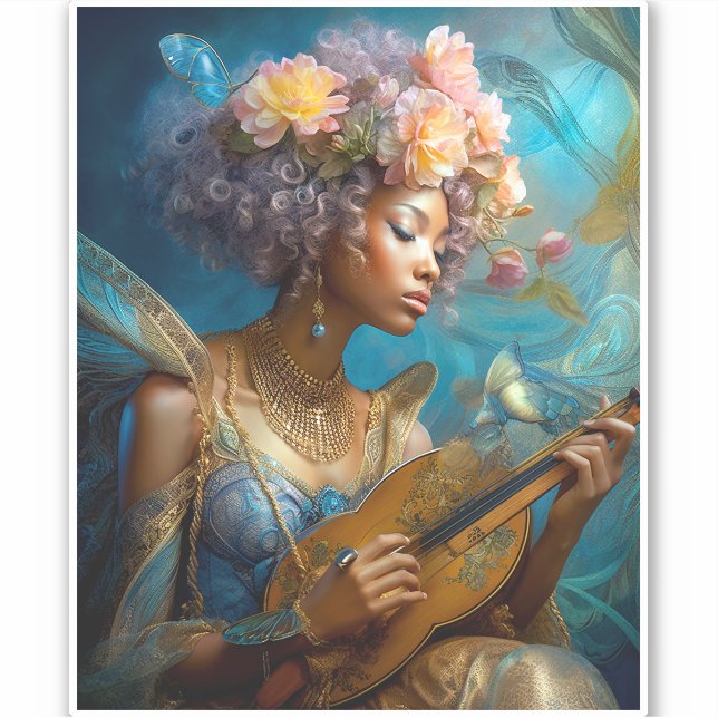 Woman Playing Lute African American Fantasy Art (Front)