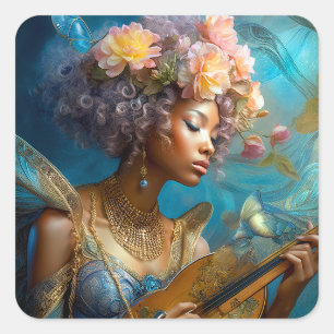 Woman Playing Lute African American Fantasy Art Square Sticker