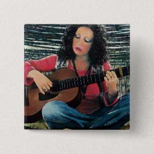 Woman Playing Music With Acoustic Guitar 15 Cm Square Badge