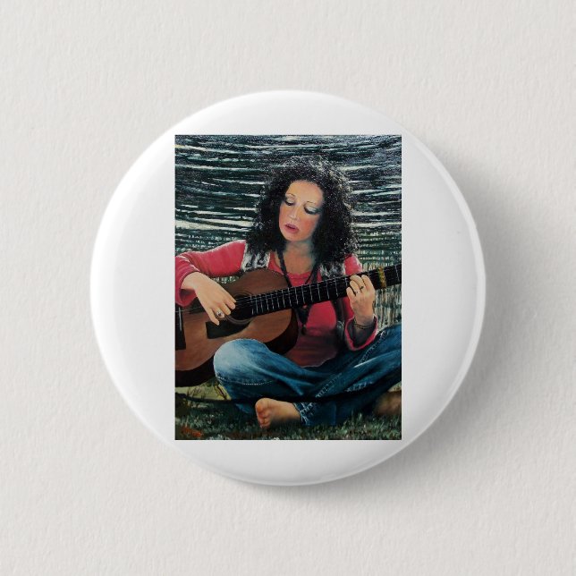 Woman Playing Music With Acoustic Guitar 6 Cm Round Badge (Front)