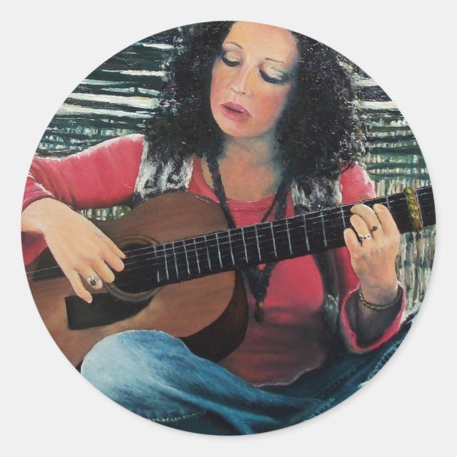 Woman Playing Music With Acoustic Guitar Classic Round Sticker (Front)