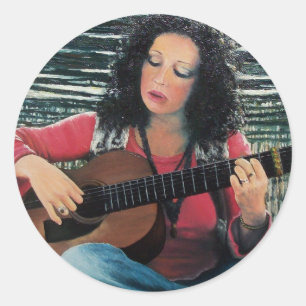 Woman Playing Music With Acoustic Guitar Classic Round Sticker