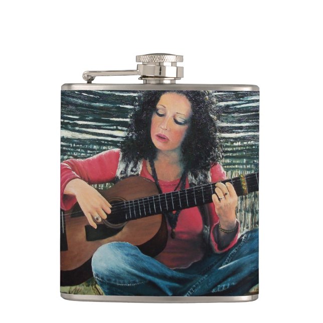 Woman Playing Music With Acoustic Guitar Hip Flask (Front)