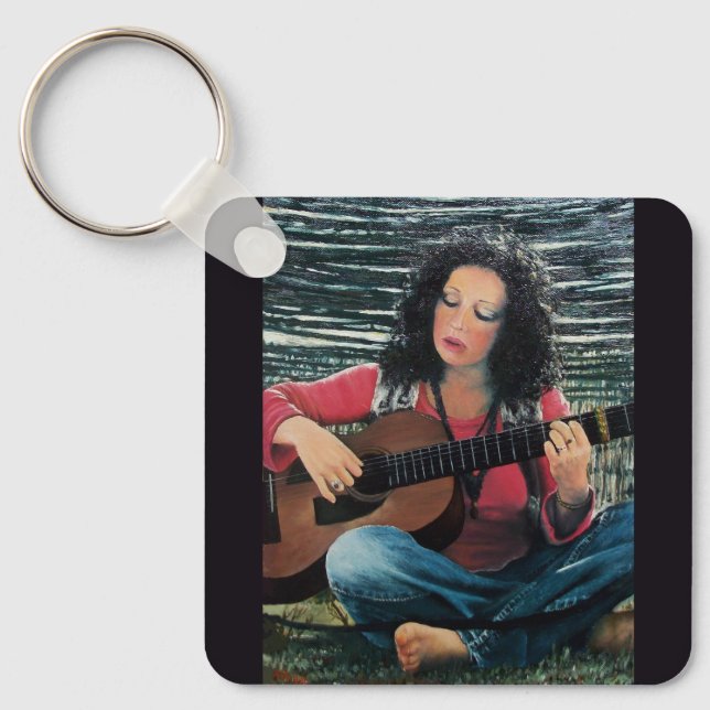 Woman Playing Music With Acoustic Guitar Key Ring (Front)
