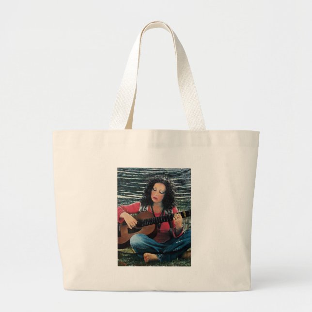 Woman Playing Music With Acoustic Guitar Large Tote Bag (Front)