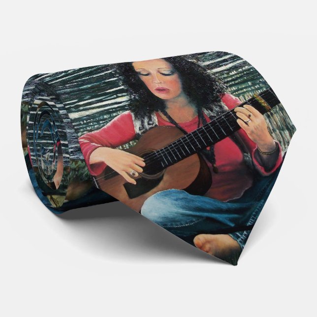 Woman Playing Music With Acoustic Guitar Tie (Rolled)