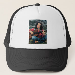 Woman Playing Music With Acoustic Guitar Trucker Hat