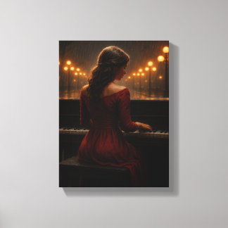 Woman Playing Piano in Rainy Night Street Scene Canvas Print