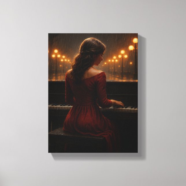 Woman Playing Piano in Rainy Night Street Scene Canvas Print (Front)