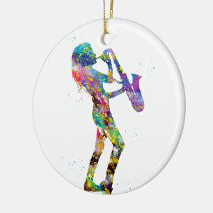 Woman playing saxophone ceramic tree decoration