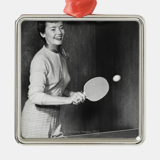 Woman Playing Table Tennis Metal Tree Decoration (Front)