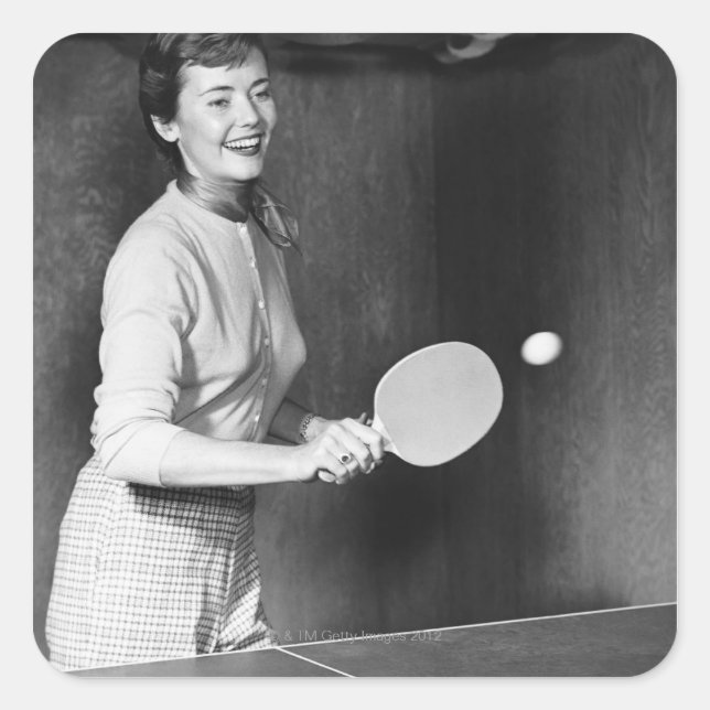 Woman Playing Table Tennis Square Sticker (Front)