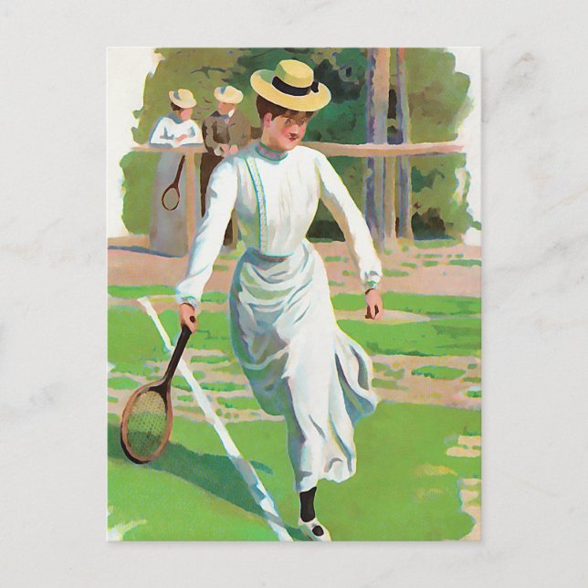 Woman playing tennis, circa 1900 postcard (Front)