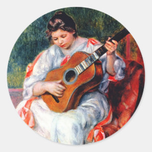 Woman Playing The Guitar by Pierre Renoir Classic Round Sticker