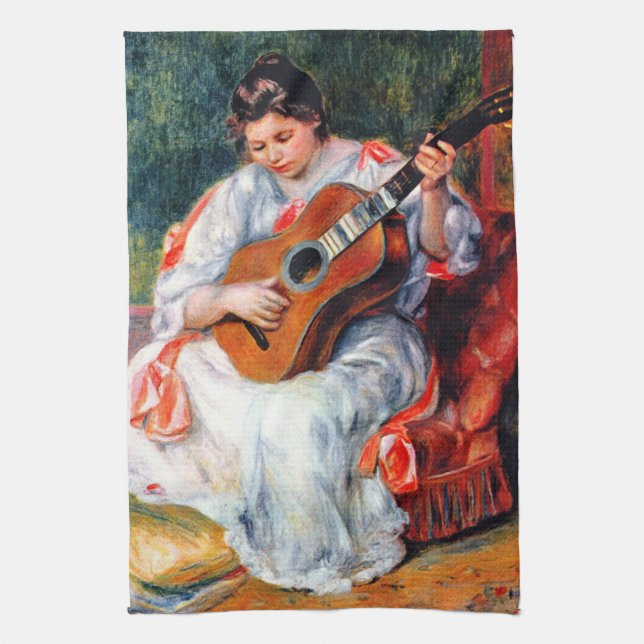 Woman Playing The Guitar by Pierre Renoir Tea Towel (Vertical)