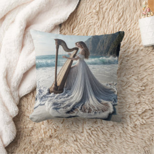 Woman Playing the Harp On the Seashore Cushion