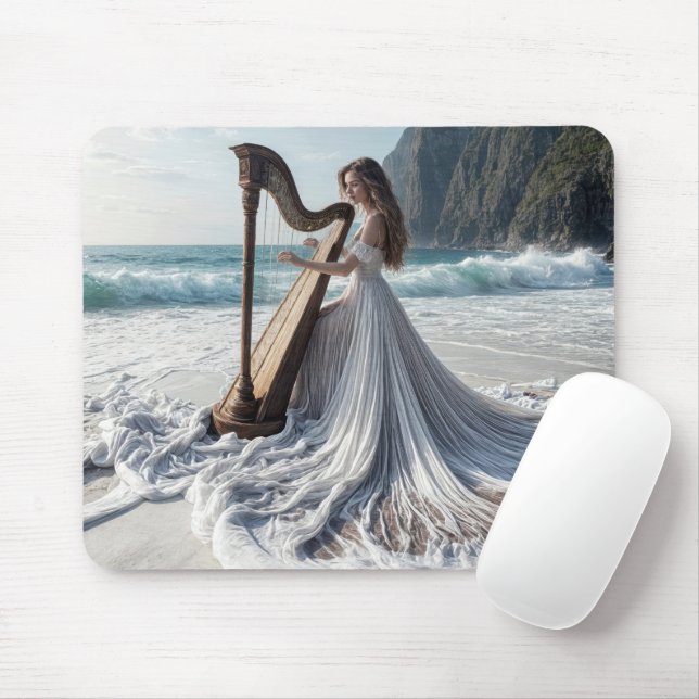 Woman Playing the Harp On the Seashore Mouse Mat (With Mouse)