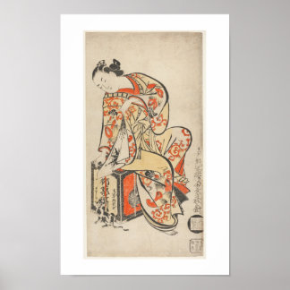 Woman playing with Cat - Kaigetsudo Dohan Poster