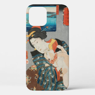 Woman Playing with Cat Vintage Japanese Print iPhone 12 Case