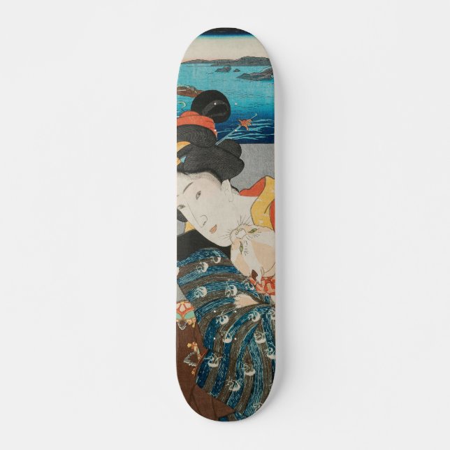 Woman Playing with Cat Vintage Japanese Print Skateboard (Front)