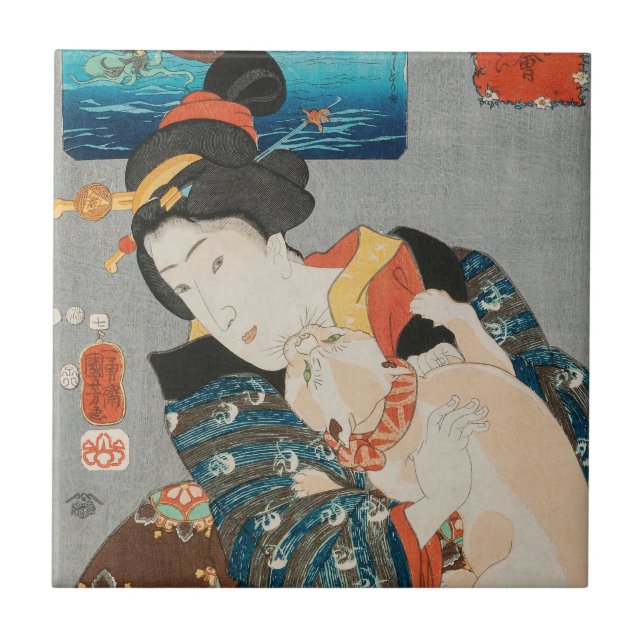 Woman Playing with Cat Vintage Japanese Print Tile (Front)