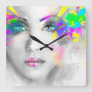 Woman portrait abstract illustration square wall clock
