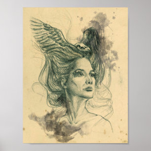 Woman portrait bird skull and wings Surreal art Poster