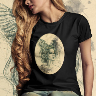 Woman portrait Bird skull and Wings Surreal art T-Shirt