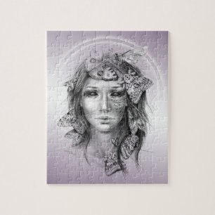 Woman portrait Moths Violet Surreal Fantasy Art Jigsaw Puzzle