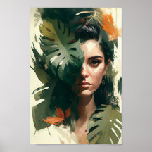 Woman Portrait, Tropical Leaves Wall Art Poster 