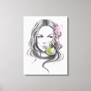 Woman portrait with apple and blossom Surreal art Canvas Print