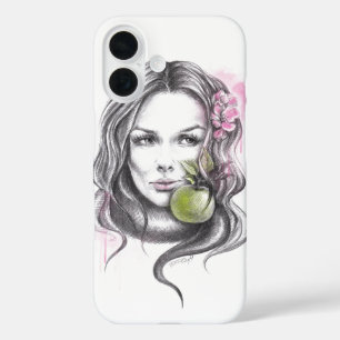 Woman portrait with apple and blossom Surreal art iPhone 16 Case