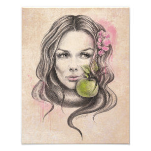 Woman portrait with apple and blossom Surreal art Photo Print