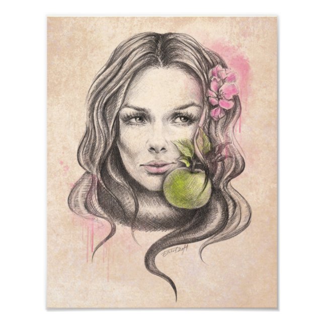 Woman portrait with apple and blossom Surreal art Photo Print (Front)