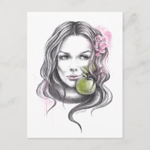 Woman portrait with apple and blossom Surreal art Postcard
