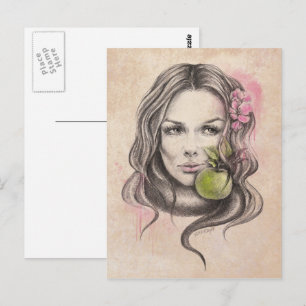 Woman portrait with apple and blossom Surreal art Postcard
