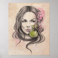 Woman portrait with apple and blossom Surreal art