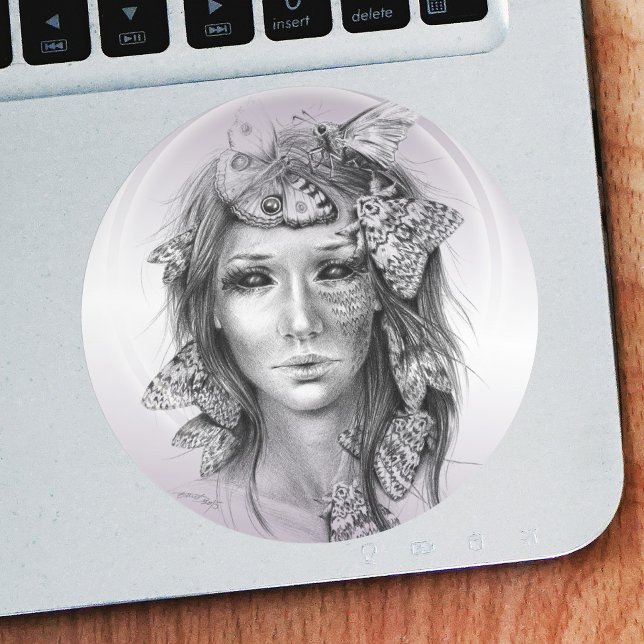 Woman Portrait with Moths Surreal Dark Fantasy Art Classic Round Sticker (Creator Uploaded)
